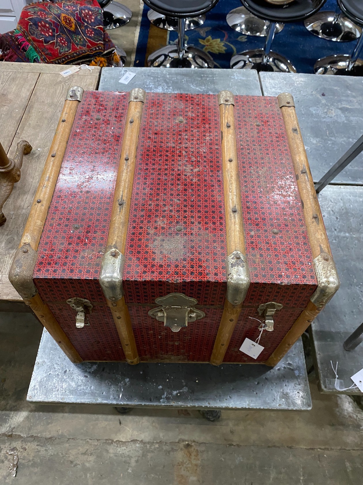 A simulated rattan tuck box, 46cm and a metal frame desk chair